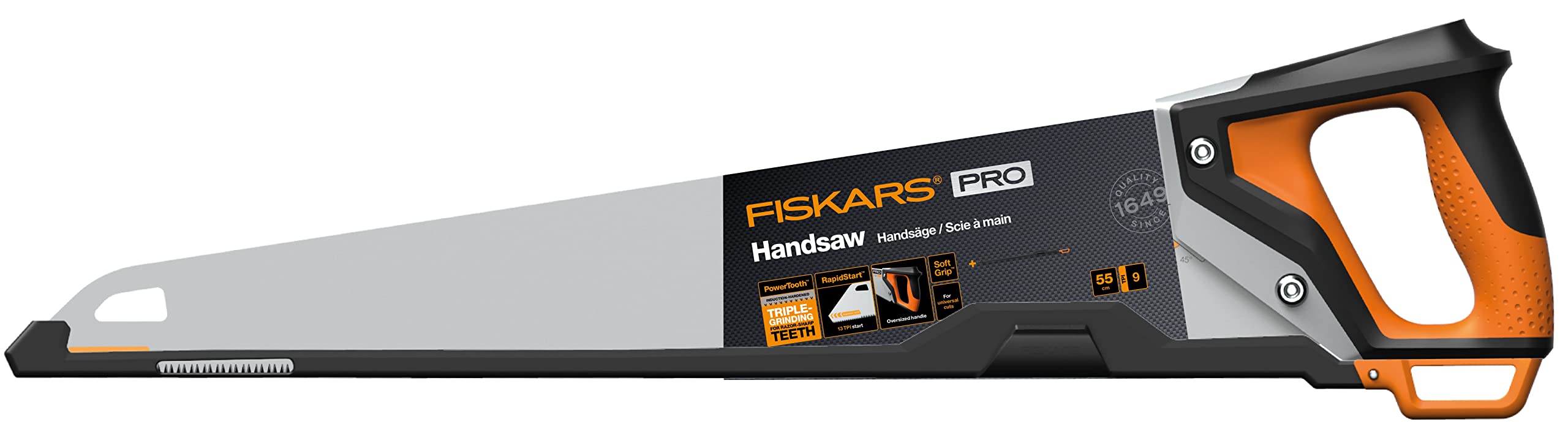 Fiskars Sega a Mano Pro per Legno, Laminati e PVC | Lunghezza della Lama: 55 cm, 9 TPI, Nero/Arancione, PowerTooth, 1062917