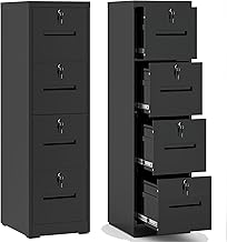 4 Drawer File Cabinet,Vertical Filing Cabinet with 4 Lockable Drawers,Black Metal File Cabinet for Home Office,Heavy Duty Steel File Cabinets for A4/Letter/Legal Size File,Assembly Required