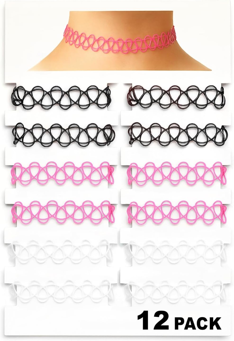 BodyJ4You 12PC Tattoo Choker Necklace - 90s Accessories 2000s Jewelry Y2K Fashion Vintage Trendy - Rainbow Goth Black Pink Green Blue White - Adjustable Stretchy Elastic Necklace Summer Vacation Set - Image 2