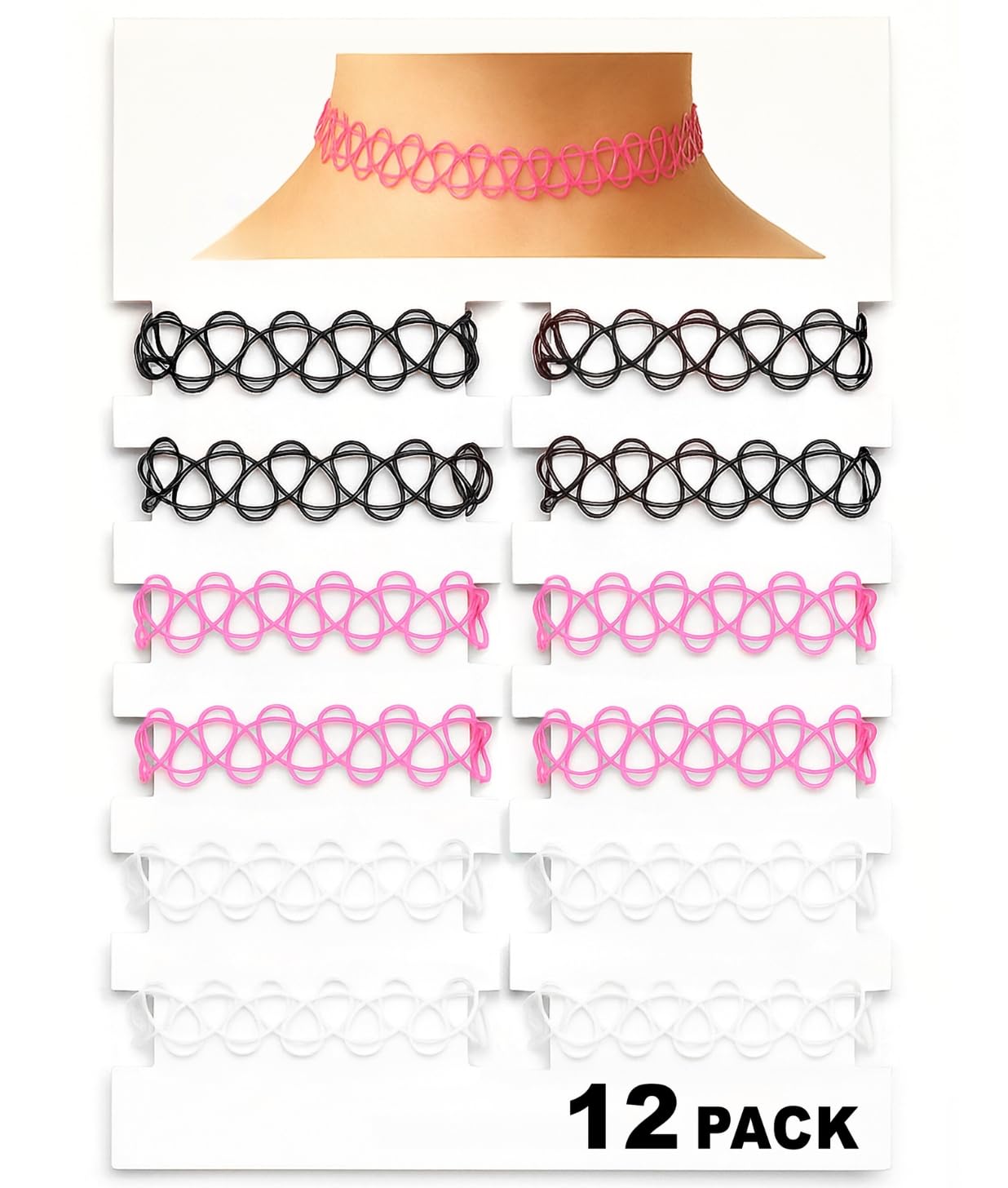 BodyJ4You 12PC Tattoo Choker Necklace - 90s Accessories 2000s Jewelry Y2K Fashion Vintage Trendy - Rainbow Goth Pink Green Blue White - Adjustable Stretchy Elastic Necklace Summer Vacation Set: Black, Pink, Clear