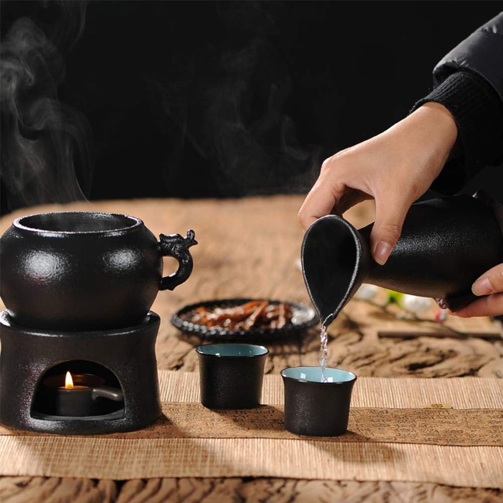 7 Pieces Sake Set Black Glaze Wine Glasses with Warmer and Candle Stove Quaint Texture Cyan inner wall for Cold/Warm/Hot Sake/Shochu/Tea Tableware