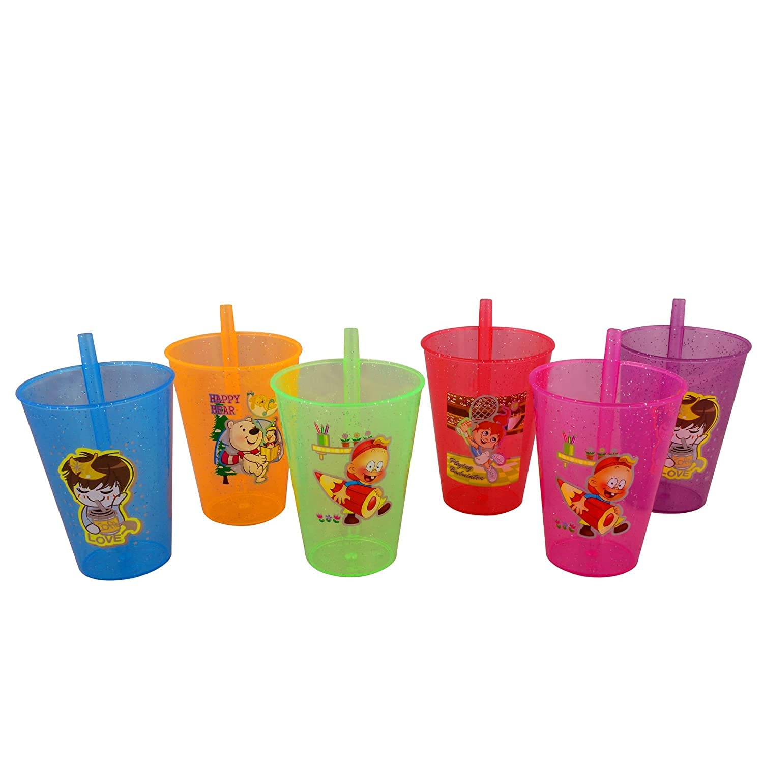 faas 6 Pcs BPA Free Fun Cartoon Printed Bright Color Straw Cup Sipper Glass for Toddler, Kids, Boys/Girls (Multicolor)-image-45