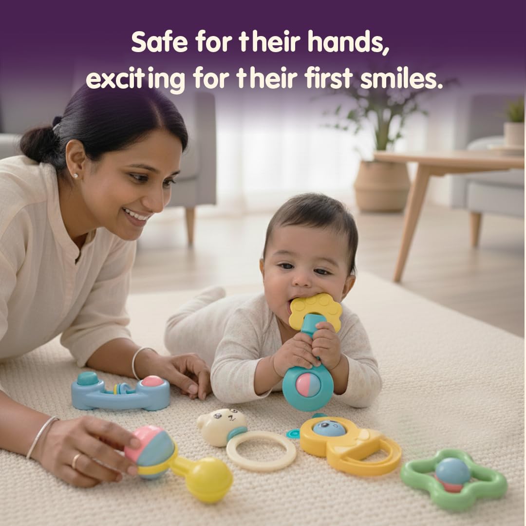 Innovitoy 6 Pcs Premium Baby Rattle Gift Set & Teether Set | Safe, Non-Toxic Toys for Newborns 3+Months | Colorful Soft Sound Rattles | Ideal for Baby Gift 2