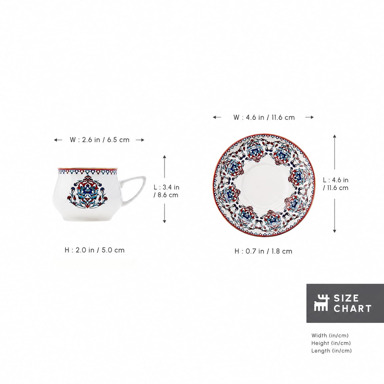 KARACA Nakkash Set de tasses à café turques Pour 6 personnes, 12 pièces, 90 ml, 6x tasses à expresso et 6x soucoupes, Tasses à moka, Set de tasses à expresso en porcelaine, Cappuccino
