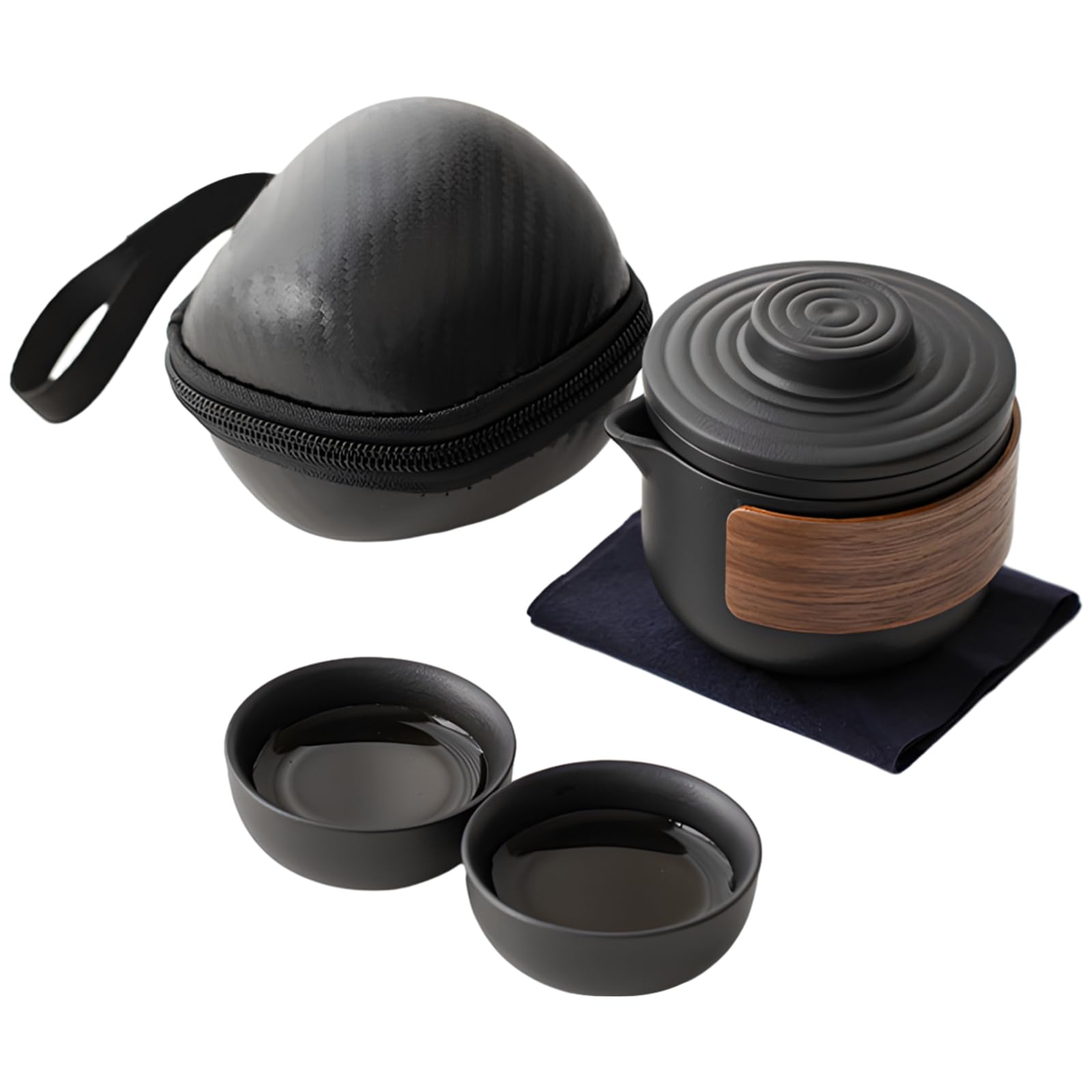 Juego de té portátil compacto de 4 piezas con estuche de protección negro