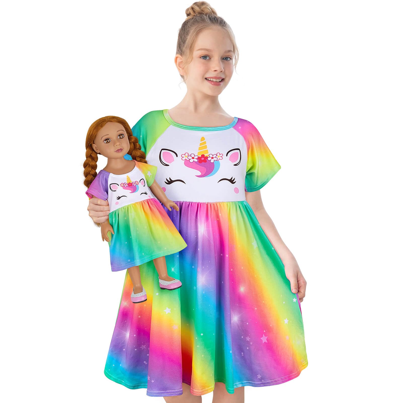 Play Tailor Doll & Girl Matching Nightgown for 18" Doll Clothes Accessories | Doll Not Included, Doll Clothes for 18 Inch Dolls, Birthday Christmas Gift, Soft Breathable Stretch Fabric, Knee Length Deep Rainbow 3-4T