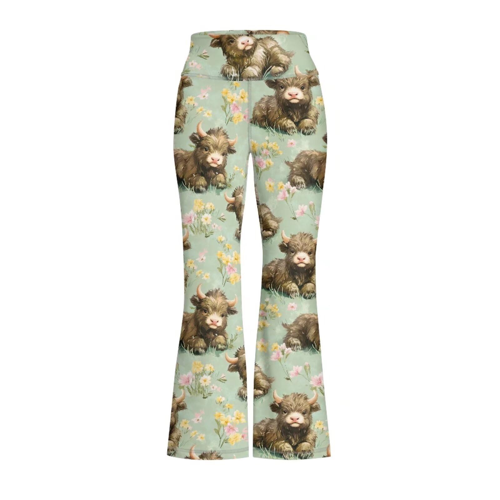 Yzaoxia Highland Cow Gym Bootcut Leggings for Girls Yoga Pants Size 9-10 Floral High Waisted Bell Bottoms Flare Legging for Kids Gym Workout Pant Athletic Running Activewear Sport Clothing Outfits