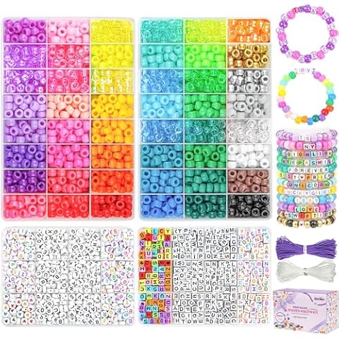 Gionlion 4200Pcs Pony Beads for Bracelet Making Kit, 48 Colors Valentine Bracelet Making Kit, 2500pcs Rainbow Kandi, 1700pcs Friendship Letter Beads with 20 Meter Elastic Strings for Jewelry Making Cover