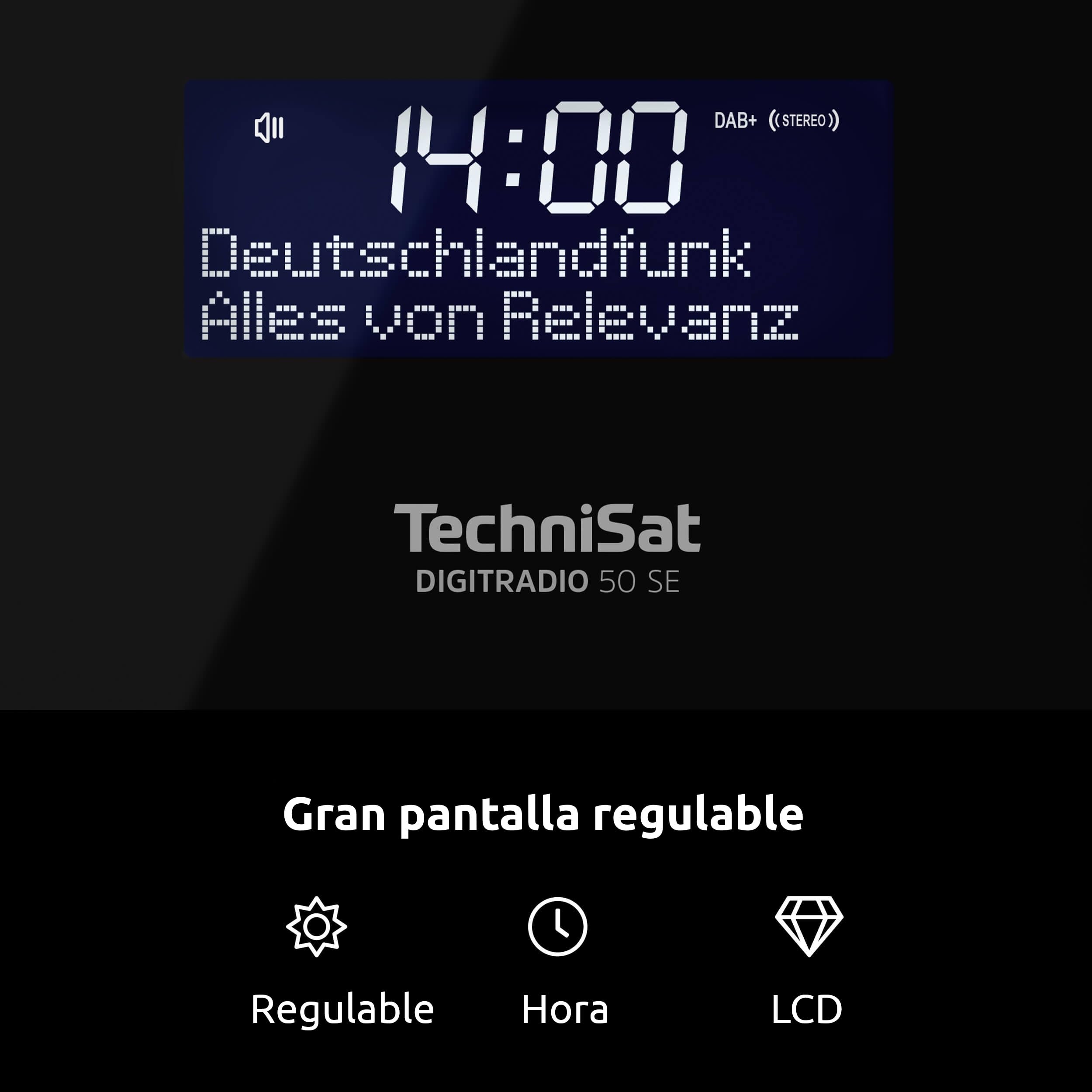 TechniSat DIGITRADIO 50 SE - Radio Despertador (Dab+/FM, Pantalla Regulable, Despertador, función Snooze, Temporizador de sueño, 1,5 vatios, Salida para Auriculares, Carga USB) Negro