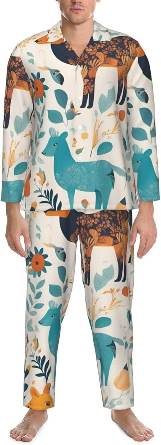 Cute Floral Animal Pattern Print Luxurious Mens Pajamas Set,Soft Breathable Pajamas, Perfect For Winter Christmas