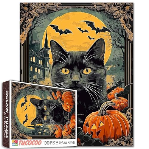 Vintage Halloween Cat Poster 1000 Piece Puzzle with Bats Pumpkins Moonlit Mansion Classic Spooky Atmosphere 27x20 Inches Adult Puzzle