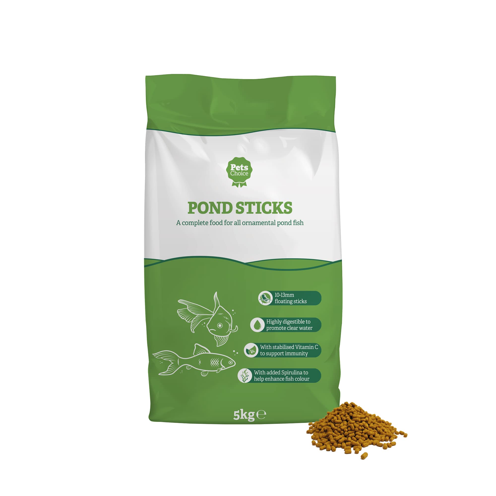 Pets Choice | Fish Food, Pond Sticks | Floating, Highly Digestible & Non-Clouding | Added Spirulina to Enhance Colour (5kg)