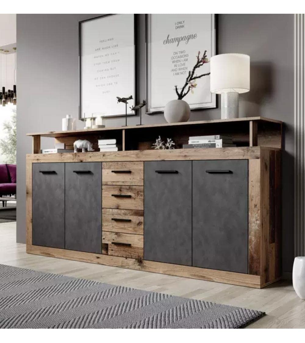Home Heavenly® - Mueble aparador de salón-Comedor Luana, 4 Puertas 4 cajones. 190x95,4x31,9 cm. (Roble Antiguo-Gris)