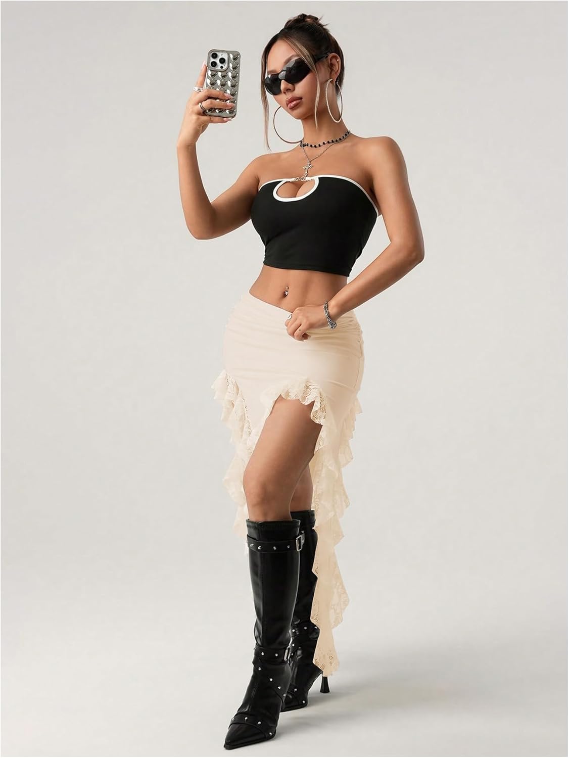 Verdusa Women's Western Asymmetrical Lace Ruffle Skirt High Slit Boho Bodycon Skirts Cowgirl Outfits - Image 6