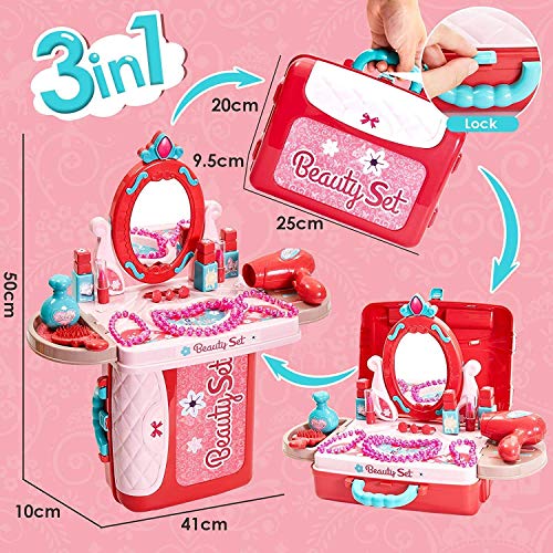 Image of High Trusted Big Beauty Set for Kids Girls 3 in 1 Learning Educational Make Up Suitcase Kit with Makeup Accessories Pretend Play Set Portable Suitcase Toy Gift for Girls (Pink)