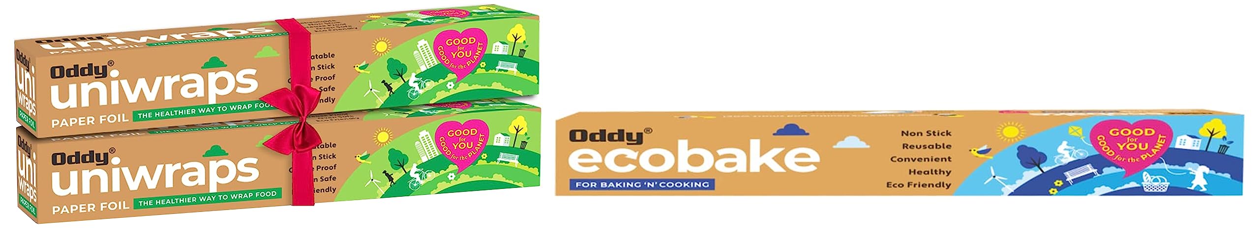 Oddy Uniwraps Food Wrapping Paper Foil 278MM x 20M, Combo Pack, Set of 2 Rolls complementrygift-4pcs Scrub pad(3"X4") & Oddy Uniwraps Ecobake Baking & Cooking Paper Roll, 10"X 5 Mtrs, White