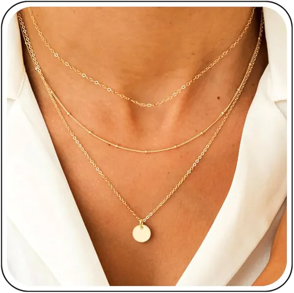 Aisansty Dainty Layered Choker Necklaces Handmade Coin Tube Star Pearl Pendant Multilayer Adjustable Layering Chain Gold Plated Necklaces Set for Women