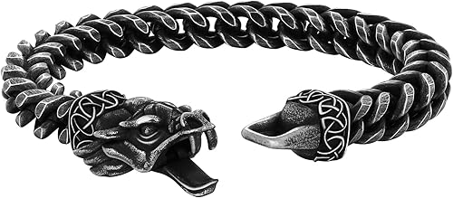 Pulsera de dragón vikingo para hombre, cadena de eslabones cubanos de acero inoxidable 316L, 0.39 pulgadas de ancho, 8 pulgadas de largo, plata