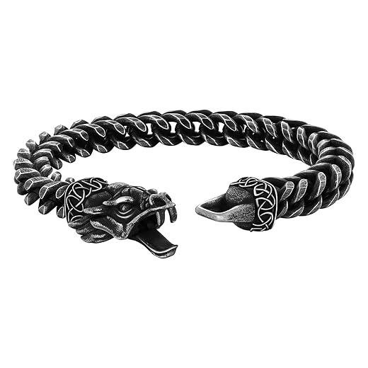 Viking Dragon Bracelet for Men, 316L Stainless Steel Cuban Link Chain 10mm Width, 8 Inch Length, Vintage Silver/Black/Steel/Gold, Punk Norse Jewelry Gifts for Him Husband