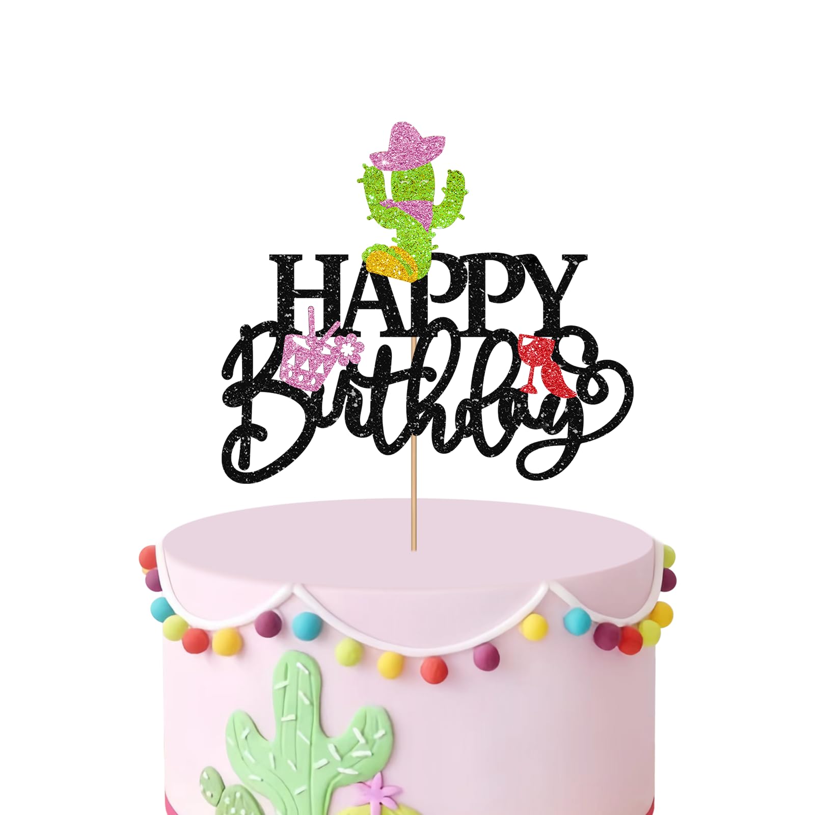 Decoración para tarta de fiesta de cumpleaños, decoración de pastel temática de fiesta mexicana, decoración de pastel de cactus con purpurina negra para niña, baby shower/decoración de fiesta de
