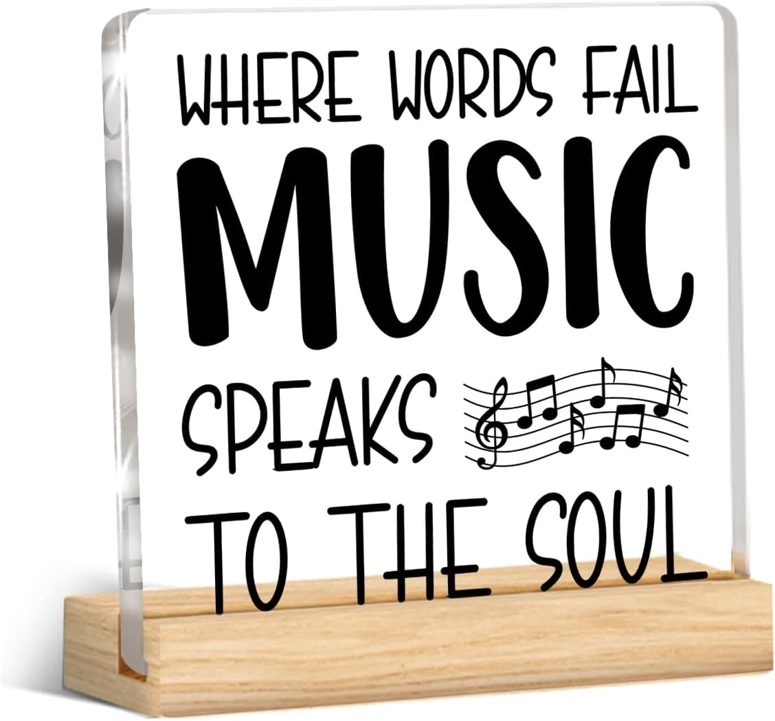 Music Gift Desk Decor Gifts for Musical Lover Musician Teacher, Where Words Fail Music Speaks Acrylic Desk Plaque Sign for Home Living Room Studio Decoration