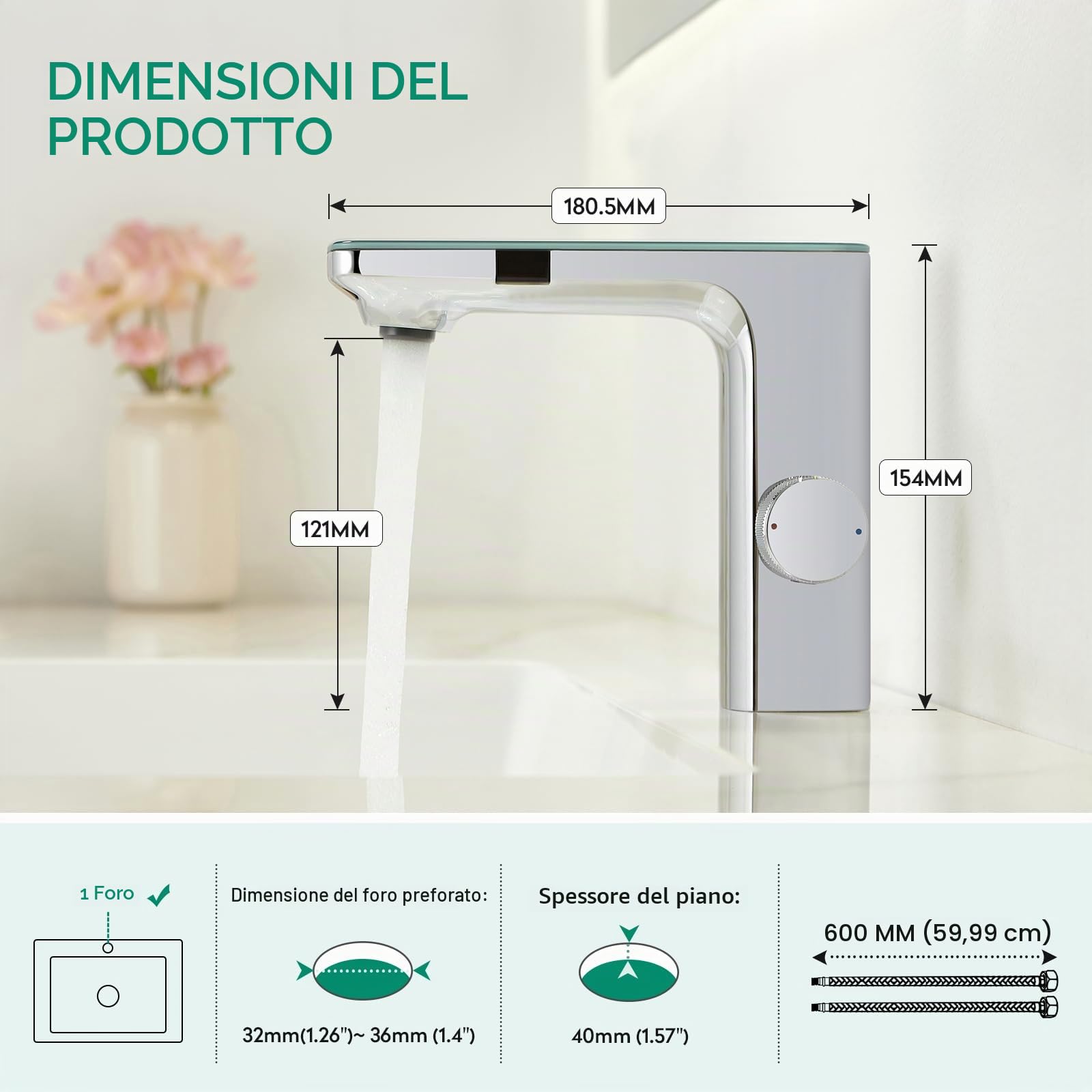 CREA Rubinetto Bagno Infrarossi, Miscelatore Lavabo Automatico con Sensor, Cromato