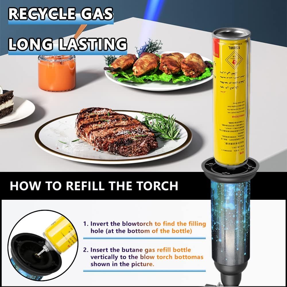 Encendedor de butano azul con cubierta protectora de acero inoxidable antiquemaduras, linterna de gas recargable para cocina, protector de llama ajustable con funda (gas no incluido) (acero