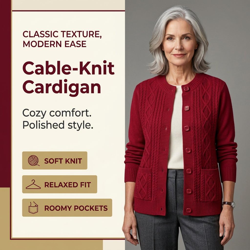 Cardigan Trecce con Tasche per Donne di Mezza età e Anziane, Giacca Cardigan Girocollo con Bottoni sul Davanti, Abbigliamento Casual Nonna, Capospalla Caldo Autunnale