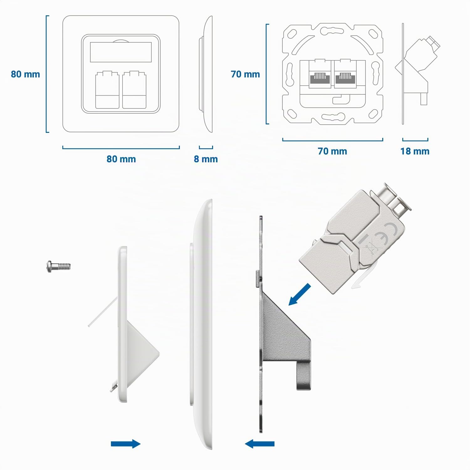 deleyCON 5x Prises Réseau RJ45 Encastrables 10 Gbit/s Keystone (5x Boîtiers + 10x Keystones) - Prise RJ45 Cat6a - pour Câbles Cat6/Cat7 Gigabit - Entièrement Blindé - Blanc