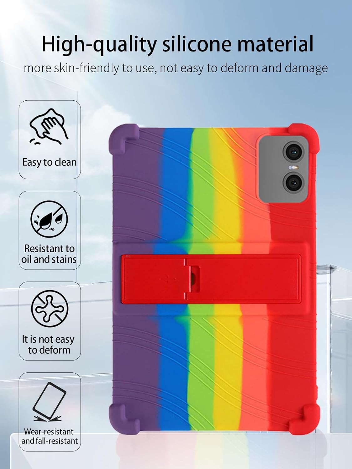 Image illustrating the features of the high-quality silicone material: easy to clean, resistant to oil and stains, not easy to deform, wear-resistant and fall-resistant.