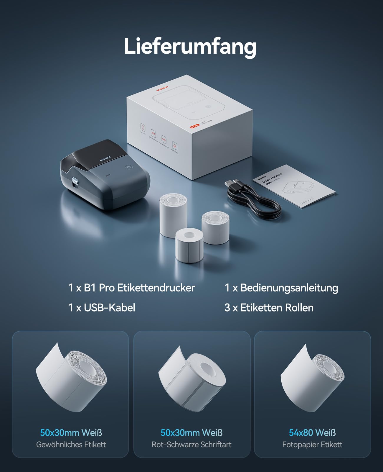 NIIMBOT Etikettendrucker, B1 Pro Etikettiergerät mit Größeres Etiketten, 300 DPI HD Etikettiergerät, Fotodrucker für Fotos, Logo, Wörter, für Zuhause, Büro oder Geschäft, 3 Rollen Etiketten