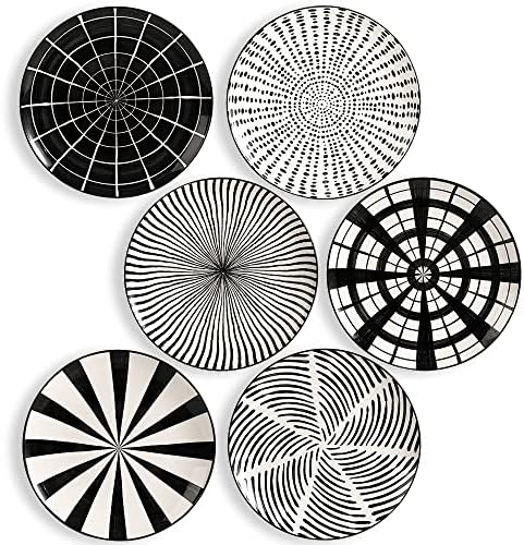 AHX Dinner Plates Ceramic Plate Set - 10 Inch Large Porcelain Round Plate Sets of 6 - Flat Modern Black Pattern Dining Plates for Kitchen | Family - Dishwasher | Microwave | Oven Safe
