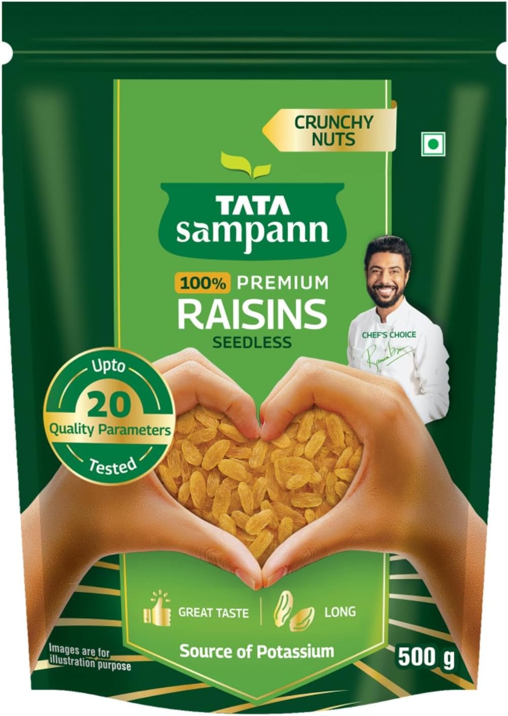 Tata Sampann Pure Raisins Seedless/Kishmish, 500g, Source Of Potassium, Premium Dry Fruits, Green Raisins