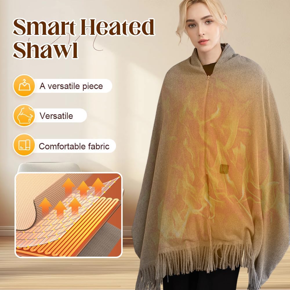 Heated Shawl Wraps for Women, Portable Wearable USB Heating Blanket Soft Warm Zipper Scarf for Winter Home Office Travel