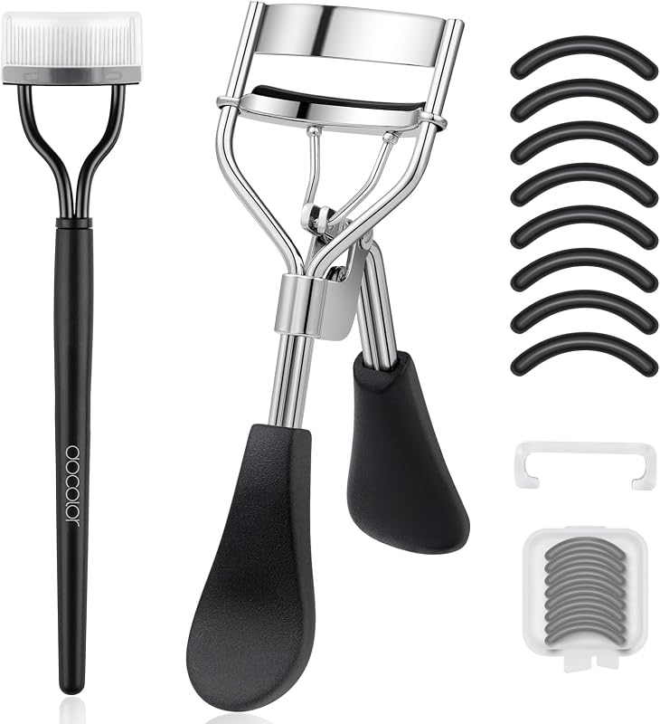 Kit de rizador de pestañas 3 en 1, rizador de pestañas, peine, 8 almohadillas de repuesto suaves | Rizador de pestañas ergonómico de tamaño de viaje para rizos suaves y definidos, diseño transparente para evitar pellizcos, ideal para el hogar y para llevar