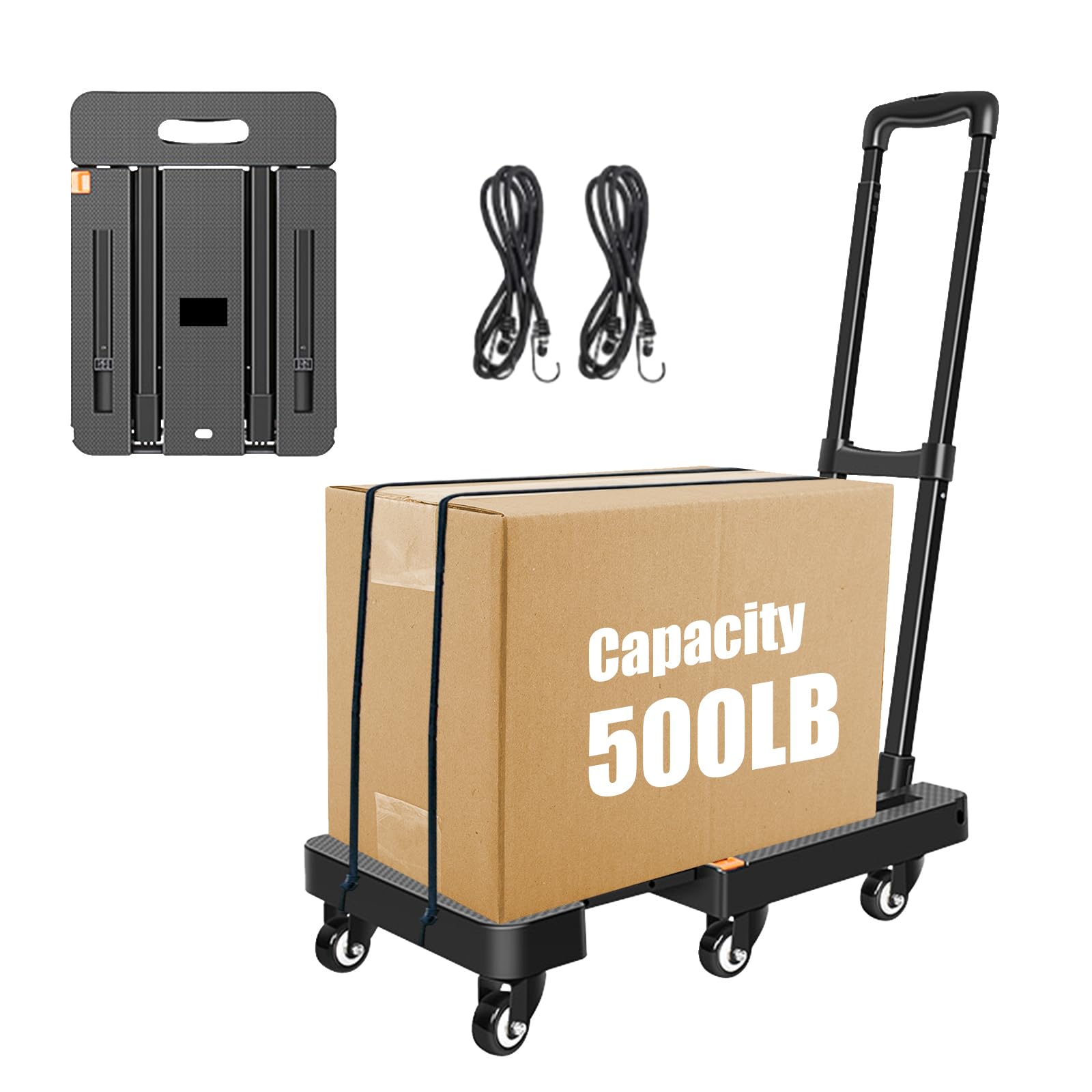 Sackkarre Klappbar, Transportwagen 200KG, Sackkarren Klappbare mit 6 Universal-Räder, Plattformwagen mit Verstellbarer Deichsel, 2 Flexibles Seil, für Gepäck, Einkaufen, Auto und Umzug, Schwarz