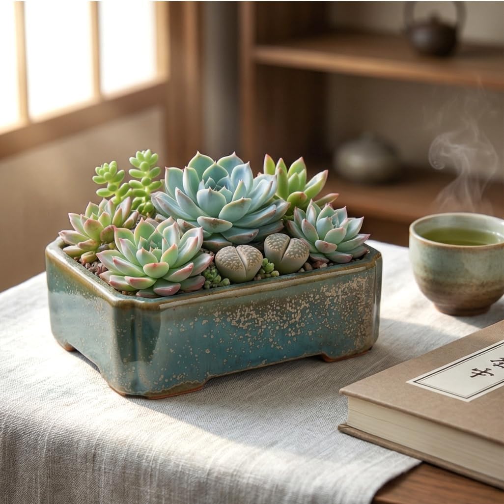 Ceramic Bonsai Pot Set - 6.3" Rectangular Planter with Drainage Tray, Handmade Kiln-Glazed, Indoor/Outdoor for Succulents, Herbs, Bonsai | Unique Gift for Plant Lovers