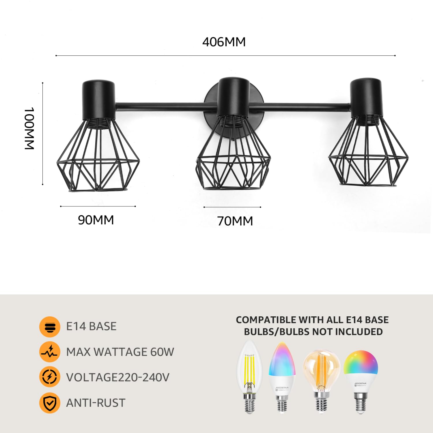 Aigostar LED Deckenstrahler Schwenkbar, Deckenleuchte E14 3 Flammig Schwarz, Spotleuchte Wand, Deckenlampe Spots Led, Wandstrahler für Küche, Wohnzimmer, Schlafzimmer, Ohne Leuchtmittel, 2 Stück