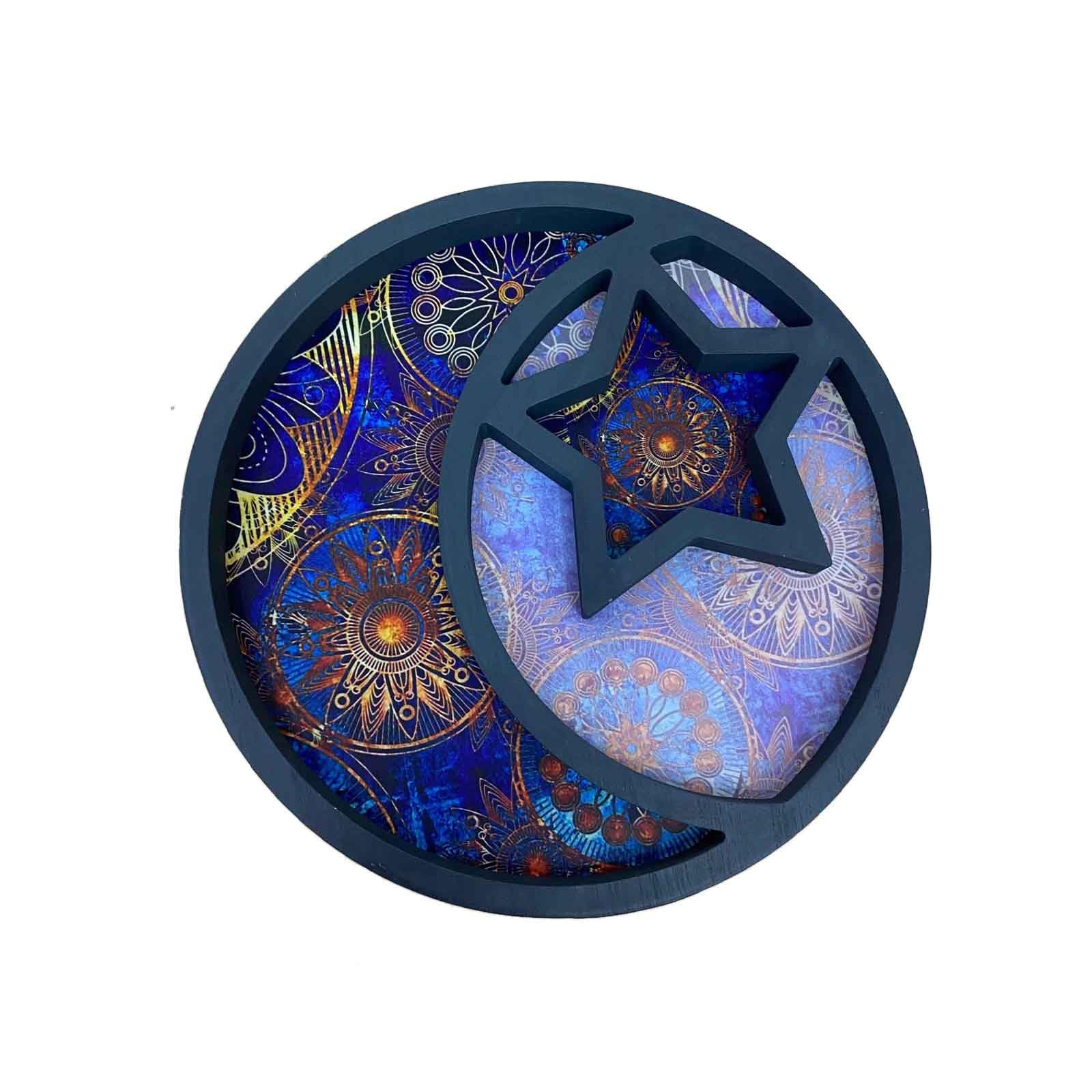 JSBWSFA 1 Pcs Vintage Wooden Moon Organizer?Crystal Tray for Stones?Crystal Holder Display Tray Moon?Ramadan Wood Tray Decorative Trays for DIY Cupcake Snack,Stones, Jewelry Plate (Blue)