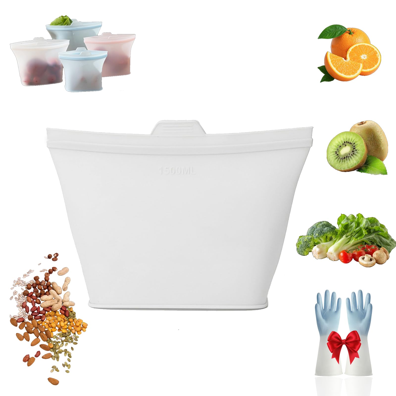 Reusable Silicone Food Bags, Leakproof Silicone Freezer Bags (500ml, 1000ml, 1500ml), Stand Up Reusable Food Bags for Meal Prep, Microwave & Freezer for Food Storage (1500ML+B)