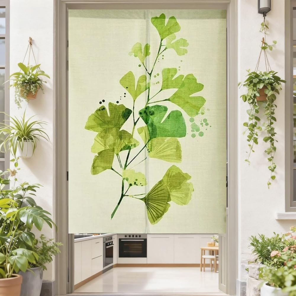 MYRU Japanese Curtain Noren Entrance Feng Shui Door Curtain (Green Ginkgo, 33.5 Inches x 55 Inches)