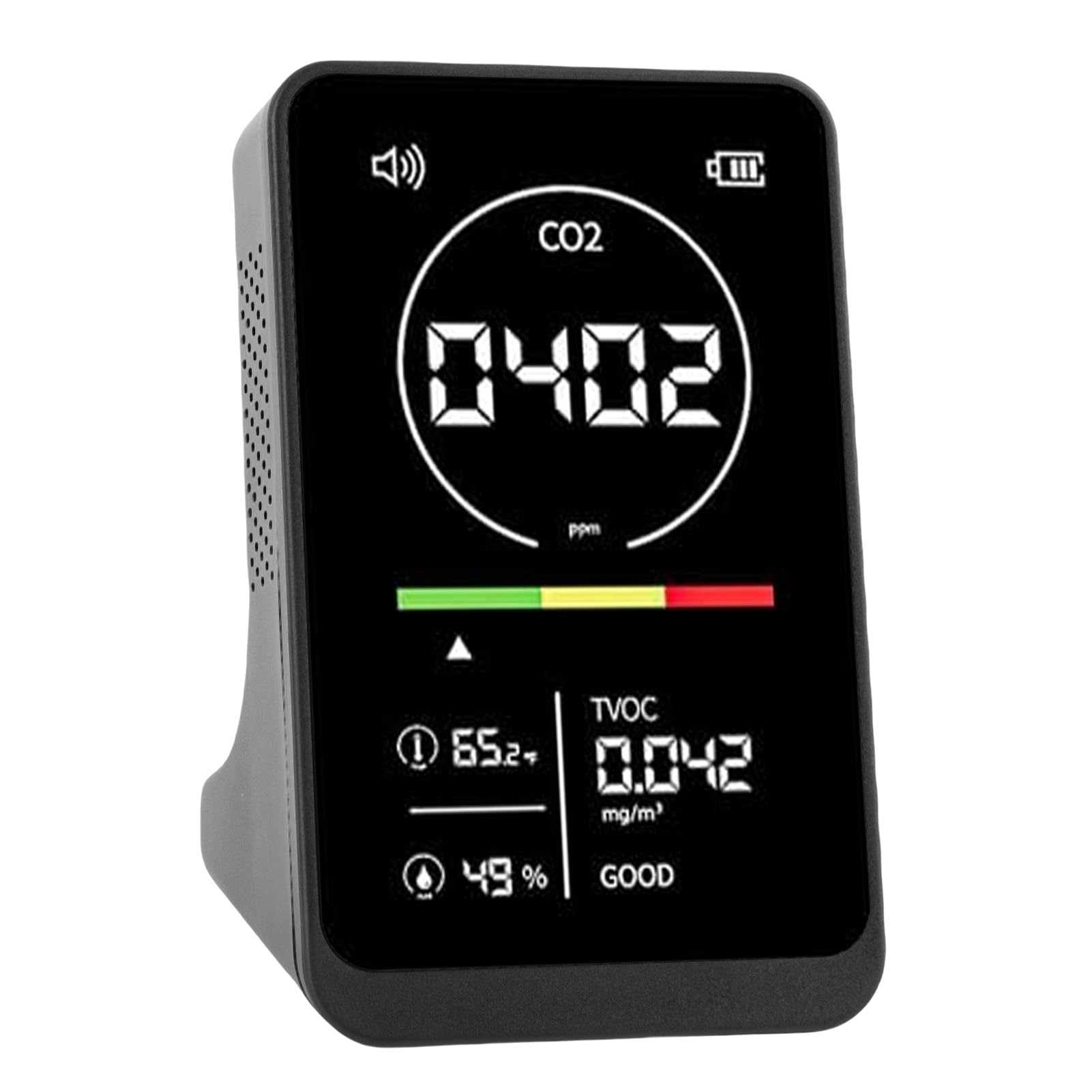 Detector de Calidad del Aire CO2 TVOC con Sensor NDIR y | Mide 400-5000PPM CO2, 0.000-5.000mg/m3 TVOC, 20-99%RH Humedad, 117x73x60mm, Batería de Litio Recargable 2500mAh, Carga Tipo