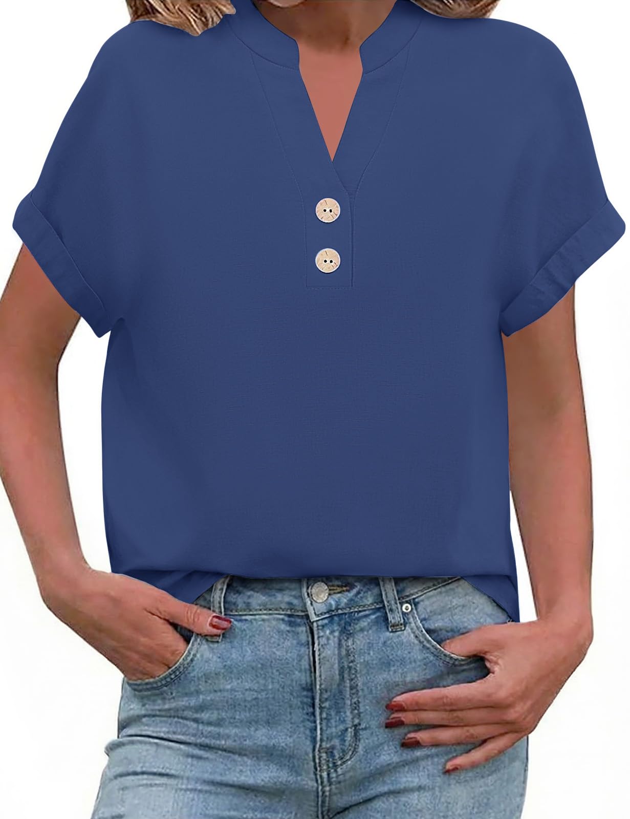 PASUDA Camicia Estiva Donna Blusa Lino Elegante Camicetta Manica Corta Camicia Scollo a V Button Down Camicia Tinta Unita Classico Top Estive T Shirt