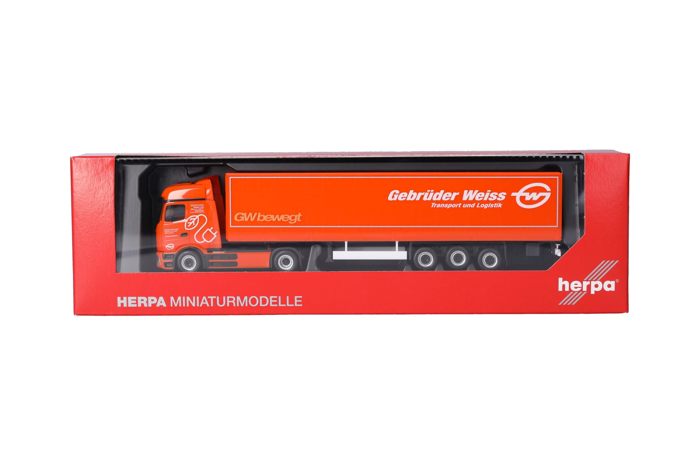 Herpa LKW Modell Mercedes-Benz eActros 600 ProCabin Bigspace Planen-Sattelzug Gebrüder Weiss (Österreich), Miniatur im Maßstab 1:87, Sammlerstück, Made in Germany, Kunststoff