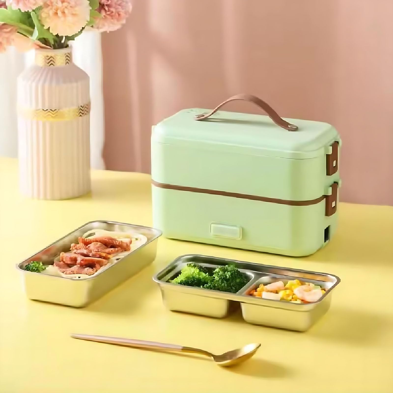 Przenośny elektryczny pojemnik na lunch z wyjmowanym pojemnikiem ze stali nierdzewnej, izolowaną torbą i zestawem sztućców do samochodu, ciężarówki, biura, szkoły i użytku domowego