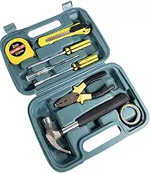 1 Kit de Ferramentas Manuais 9 Peças LEPORT, Estojo Azul com Martelo, Alicate e Chaves, Trena 2m