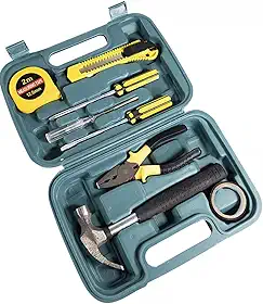 1 Kit de Ferramentas Manuais 9 Peças LEPORT, Estojo Azul com Martelo, Alicate e Chaves, Trena 2m
