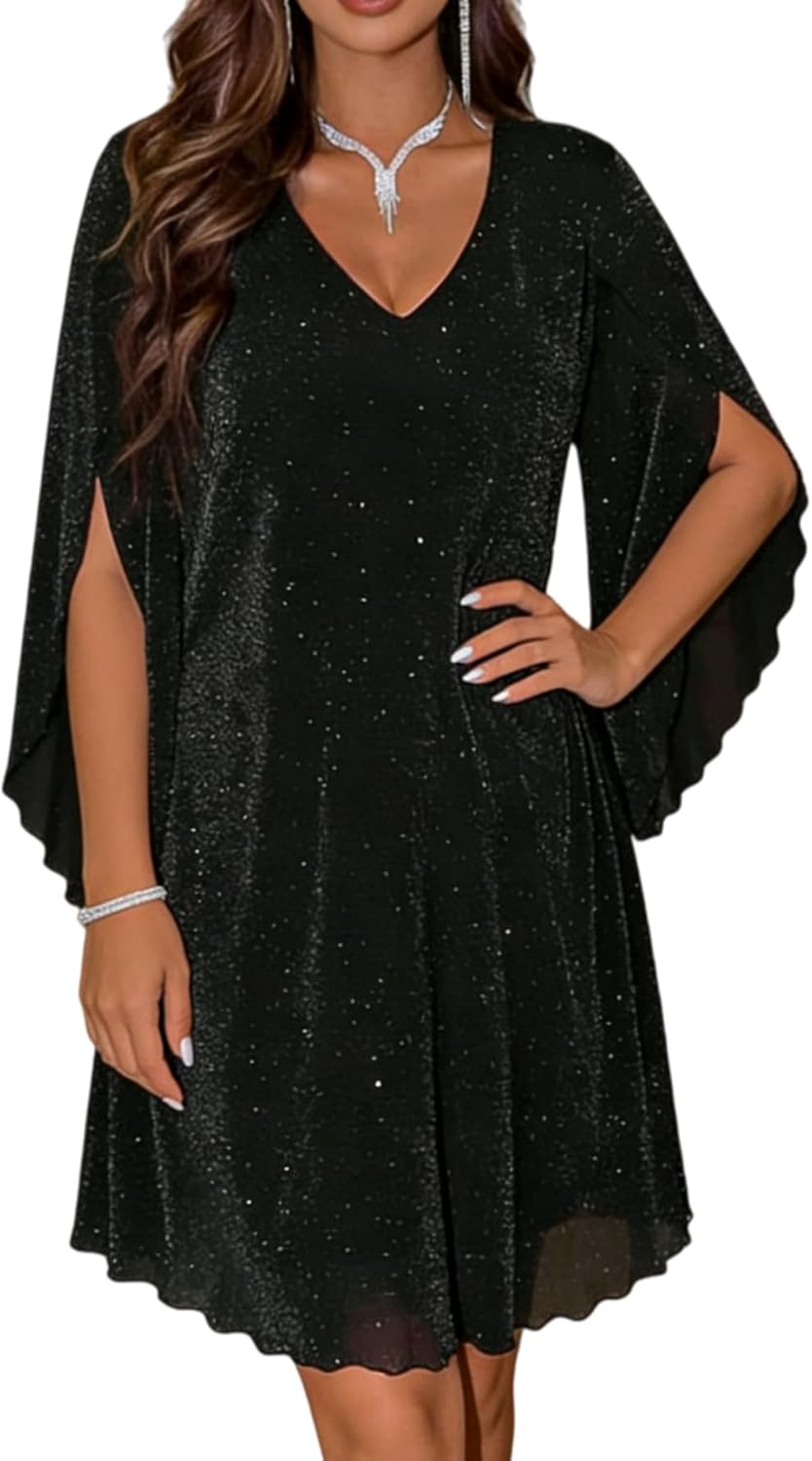 OYOANGLE Women's Glitter Mesh Ruffle Short Dress Split Sleeve V Neck Party Night Out Dresses