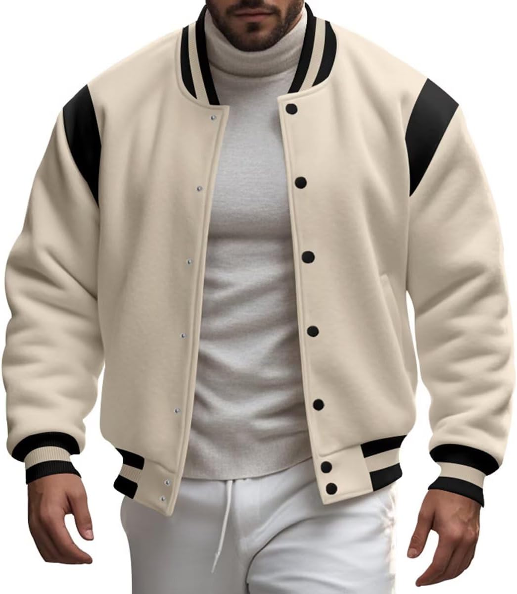 Men's Varsity Bomber Jacket Fleece Baseball Coat Snap Button Casual Track Jacke Stand Collar Streetwear