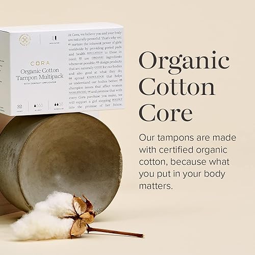 Miniatura 2 de Cora Tampones aplicadores orgánicos | Absorción ligera | 100% núcleo de algodón, sin perfume, aplicador compacto sin BPA | Protección contra fugas,